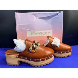 Lisa Vicky Vigor V Chestnut Leather Chain Block Heel Clogs Mules Women Size 6